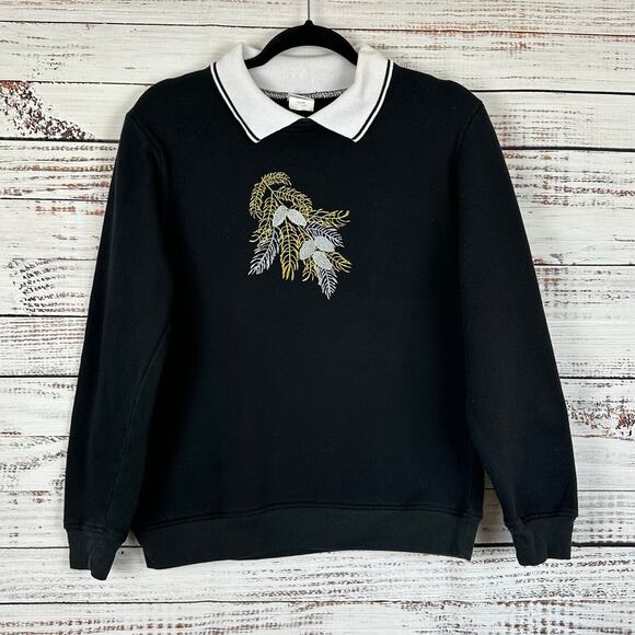 VTG Adrian Delafield Black White Gold Embroidered Collared Granny Sweatshirt M - Picture 1 of 7